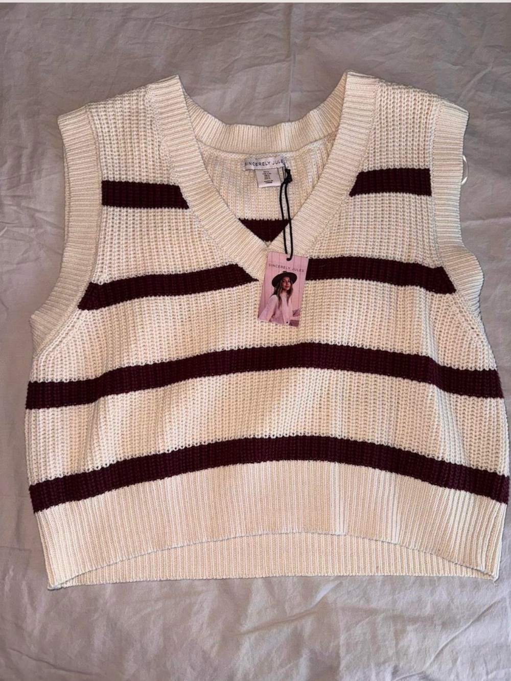 Sincerely Jules Cream Knit V‑Neck Vest with Burgundy Stripes